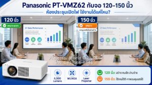Panasonic PT-VMZ62 กับจอ 120 นิ้วและ 150 นิ้วในห้องประชุมเปิดไฟ